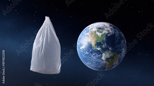 Digital Composite of Earth Floating Next to a Plastic Bag in Outer Space Environment