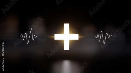 Pulsing Digital Cross Symbol at Center with Dotted Line on Dark Background for Design Use