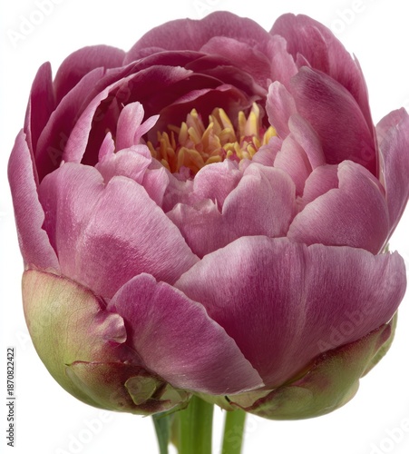 Close up of a blooming peony flower with layered pink petals against white