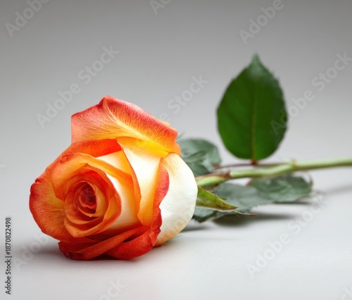 Close up of a blooming rose with vibrant orange and white petals
