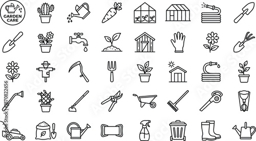 Large collection of black and white gardening icons, featuring plants, tools, sheds, greenhouse, and backyard farming equipment for landscaping, outdoors
