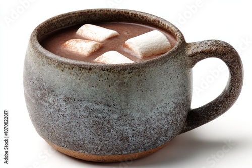 Close up of a ceramic mug filled with hot chocolate and marshmallows