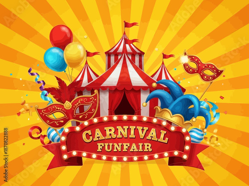 Vibrant carnival funfair scene with red and white striped tents