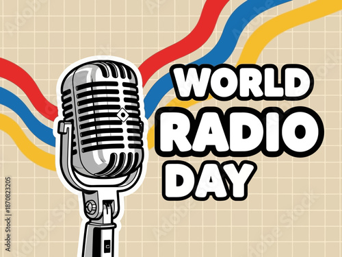 World radio day illustration with vintage microphone and colorful stripes