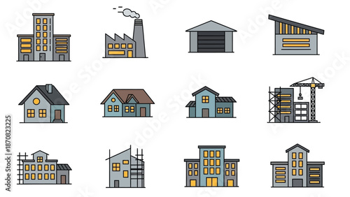 Various buildings under construction or completed, showcasing different architectural styles and structures