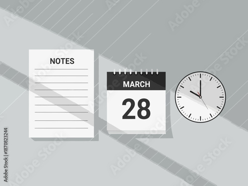 Calendar, notepad, and clock on gray background