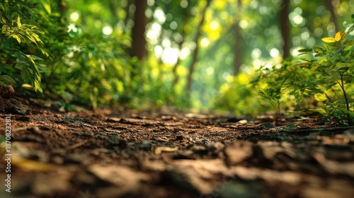 Sun-Dappled Woodland Path: A Tranquil Forest Floor Perspective Close-Up