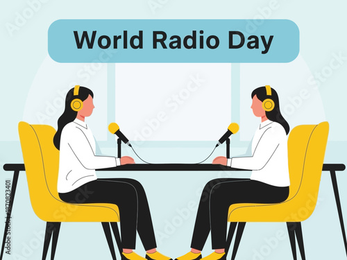 Two women broadcasting on radio with microphones and headphones