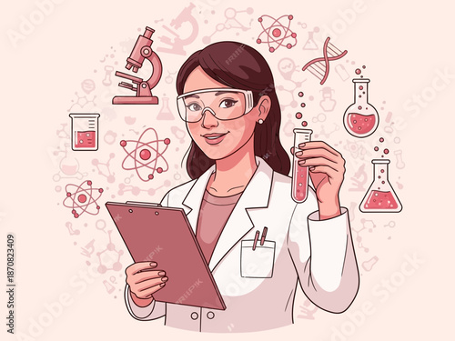 Female scientist surrounded by laboratory equipment and molecules
