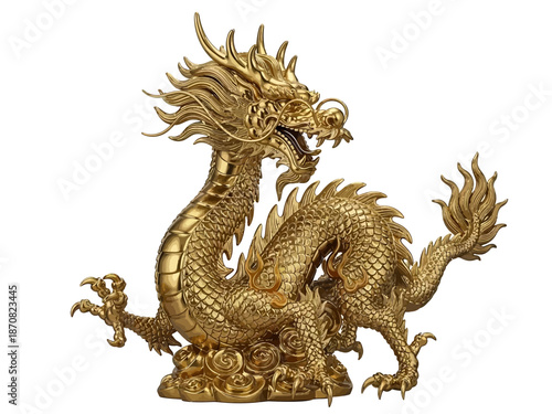 Golden dragon statue with intricate scales and fiery mane