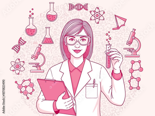Female scientist surrounded by lab equipment and molecules