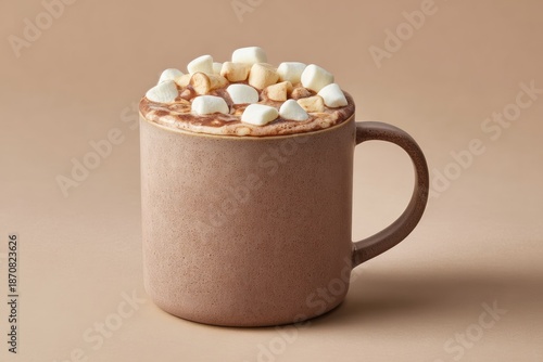 Close up of a cup of hot chocolate with marshmallows on a neutral backdrop