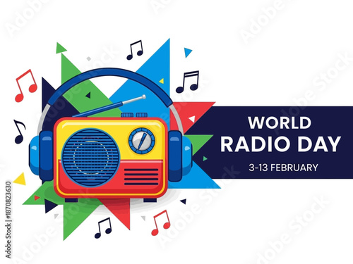 Vibrant world radio day poster with retro radio