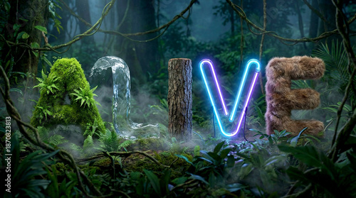 the word alive spelled with nature elements like moss water wood neon light and fur in a green forest