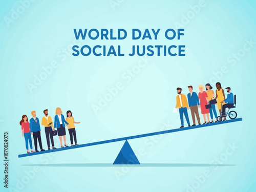 World day of social justice illustration with people on a seesaw