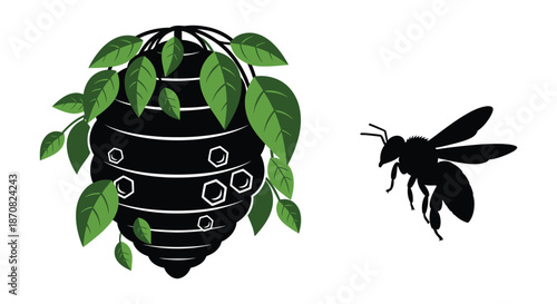 Beehive with green leaves and a flying bee a striking silhouette