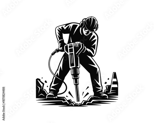 construction worker operated corded drill, construction worker silhouette vector illustration design, construction worker silhouette, construction worker drilling silhouette, worker operating drill 