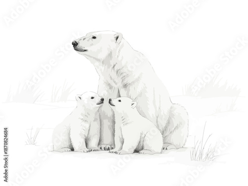 Mother polar bear with cubs in a serene winter landscape