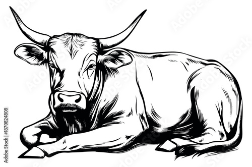 Hand drawn line art illustration of a bull depicting it lying down for agriculture and livestock themes