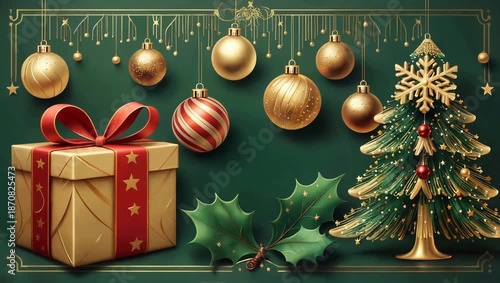 Festive Christmas still life with gift, ornaments, and a small tree on green.