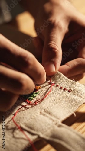 Vertical video of hands doing traditional embroidery with a needle and thread. Close-up of stitching a colorful cross-stitch pattern on linen fabric. Handmade craft and hobby