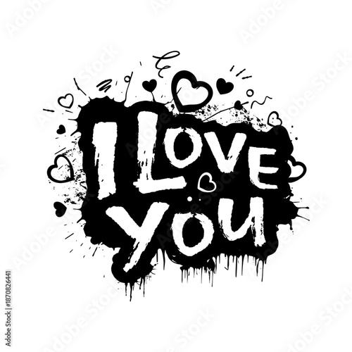 I love you, vector illustration of romantic lettering in graffiti street art style with hearts and paint drips