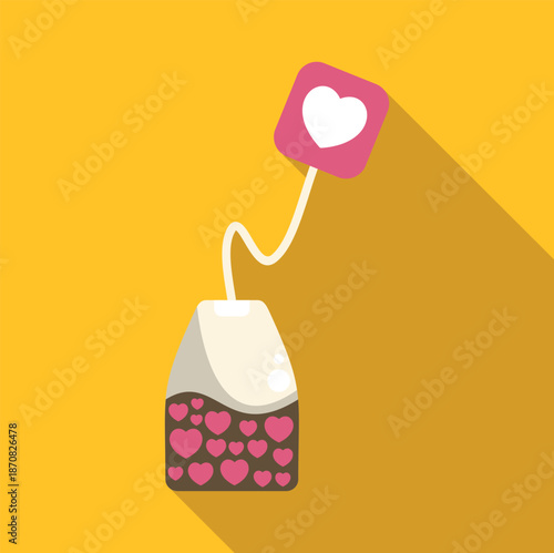 Tea bag filled with hearts featuring a heart shaped tag, on yellow background