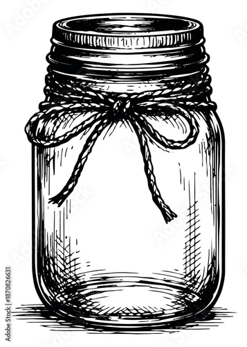 Hand drawn line art illustration of a mason jar depicting an empty glass container tied with a string bow for packaging or rustic decor
