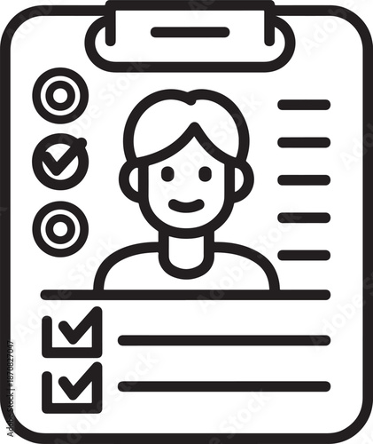 Outline icon showing profile checklist and resume document with smiling person avatar marking completed tasks successfully