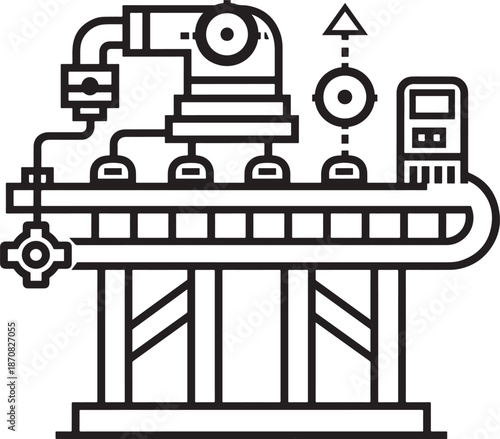 Industrial production line machinery with conveyor belt and robotic components for automated manufacturing factory process