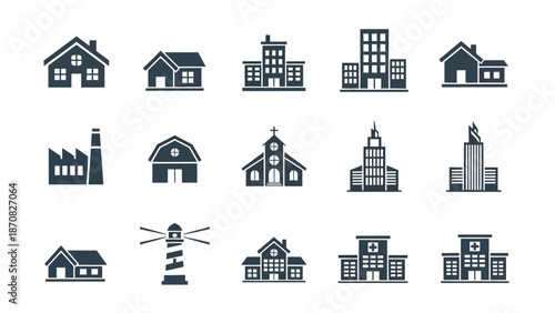 Collection of architectural building icons in monochrome illustration style