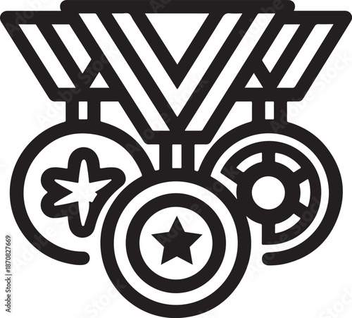 Collection of three award medals hanging from striped ribbons representing first second and third place victory distinction symbol