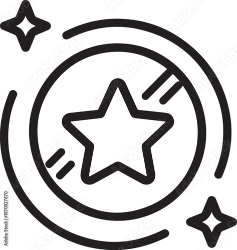 Magical star icon surrounded by abstract circular orbit lines representing special rating favorite quality wishes and cosmic power symbol