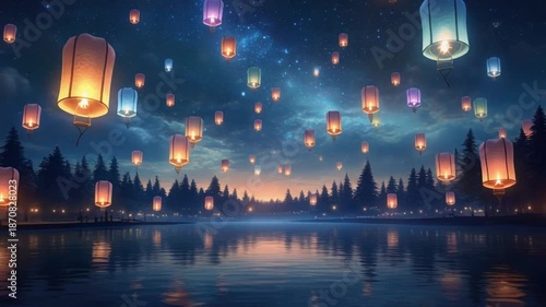 Glowing Lanterns Floating Above Peaceful Lake at Dusk with Trees in Background for Festival or Celebration Use