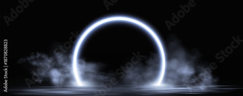 Neon ring with glowing blue light effects, futuristic portal gateway, vibrant smoke and LED illumination. abstract vector frame composition.