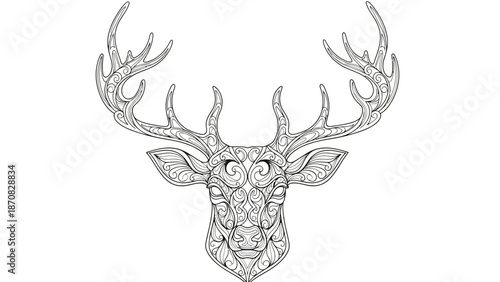 Intricate line drawing of a majestic deer with large antlers highlighting fine details and