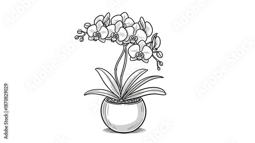 Elegant Line Drawing of Orchid Plant in Round Pot for Home Decor