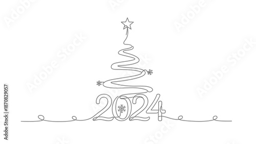 Minimalist holiday New Year 2024 line art Christmas tree with numerical design