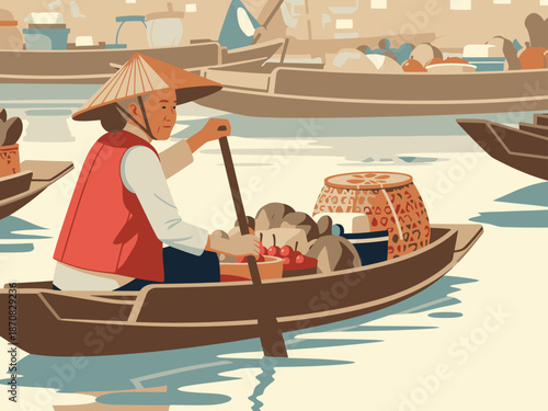 An Asian seller paddles a market boat, showcasing fresh produce. Vibrant colors and traditional attire create a lively scene. Perfect for travel, culture, and commerce.