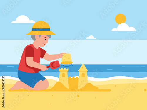 A young boy builds a sandcastle on a sunny beach. He wears a hat and enjoys mindful play. Bright, cheerful, and idyllic summer scene.