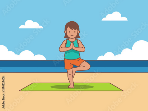 A cheerful child practices yoga in the Child?s Pose on a beach, enjoying a sunny day. Bright colors and a relaxed atmosphere create a positive image.