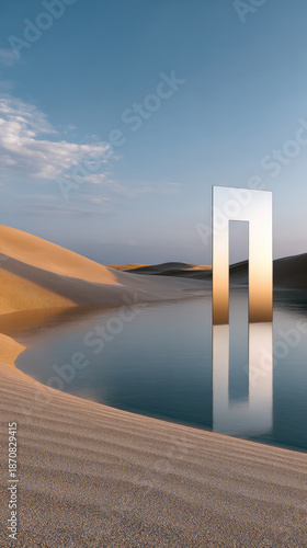 Surreal minimalist desert landscape with mirror portal reflecting sand dunes and blue sky, calm water, peaceful atmosphere