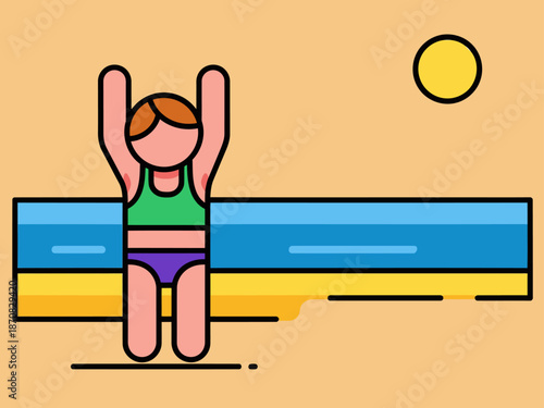 A cheerful child stretches on a beach, enjoying the sun and water. Vibrant colors and a playful composition create a positive beach health image.
