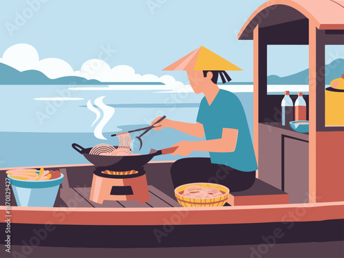A male chef prepares traditional noodles on a boat, showcasing a vibrant Asian culinary scene.  Bright colors and a scenic backdrop create a visually appealing image.