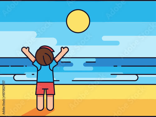 A child stretches arms towards the sun on a beach, promoting healthy activity and joyful summer vibes. Bright, cheerful illustration.