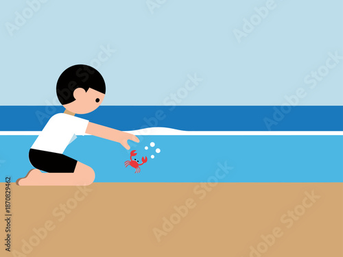A child rescues a crab on the beach, symbolizing kindness and nature. Clean, bright illustration with a focus on positive emotions and environmental awareness.