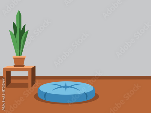Create a serene meditation corner with a cushioned mat, side table, and potted plant. A calming, minimalist interior design concept for relaxation and mindfulness.