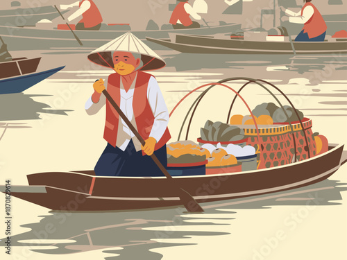 An elderly Asian seller paddles a market boat laden with produce. Vibrant colors and traditional attire showcase a bustling waterway scene. Perfect for commercial use.