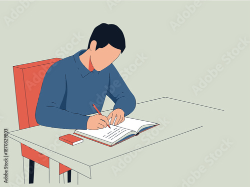 A young man journals, reflecting on his mental health. He sits at a desk, pen in hand, creating a thoughtful image for wellness and self-care. 