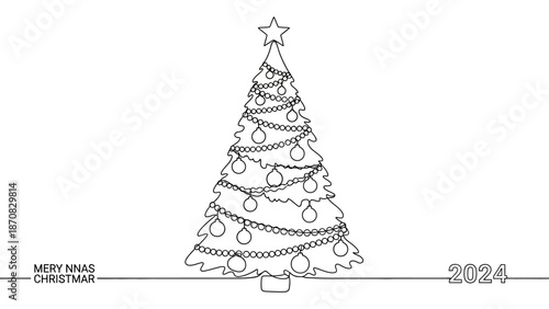 Minimalist Christmas Tree Line Art Illustration with Ornament Decorations and a Star Topper for